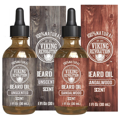 Viking Revolution Beard Oil 2 Pack front view with sandalwood and unscented labels