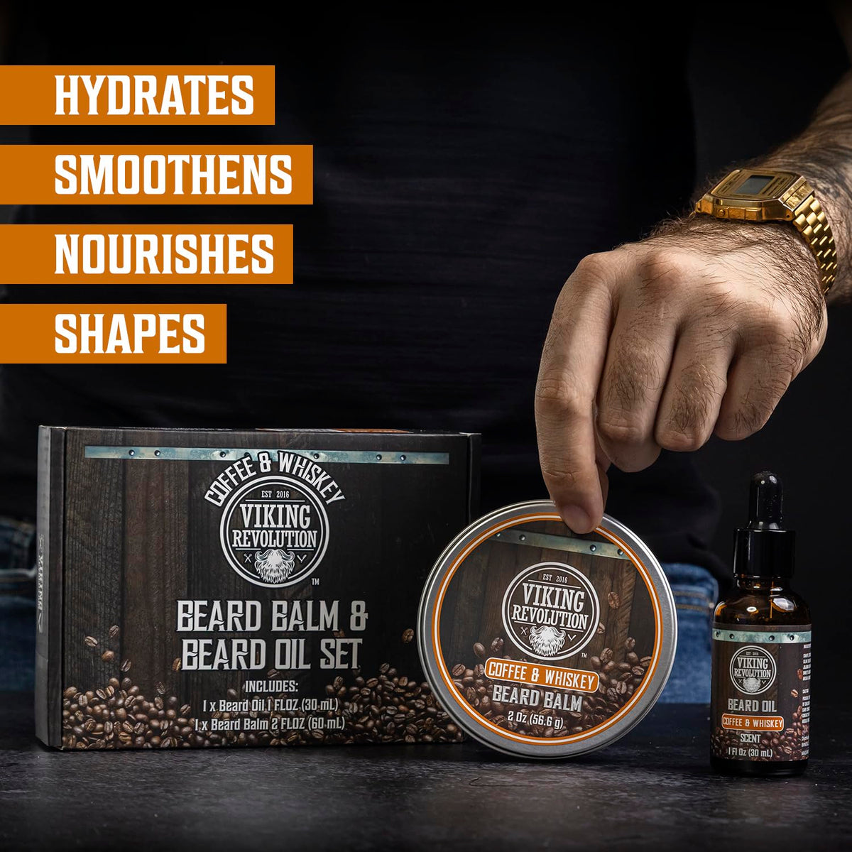 Viking Revolution Beard Oil and Balm set on wooden background