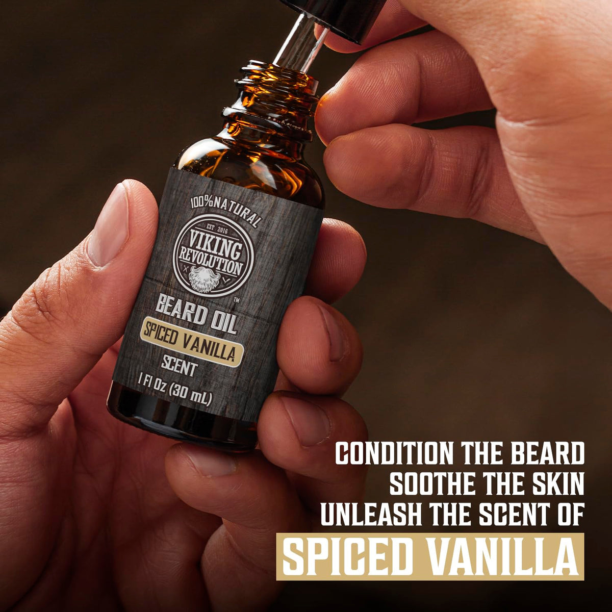 Viking Revolution Beard Oil bottle close-up