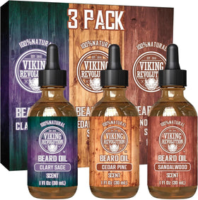 Viking Revolution Beard Oil Variety Set 1 oz three bottles front view