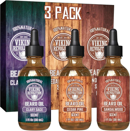 Viking Revolution Beard Oil Variety Set 1 oz three bottles front view