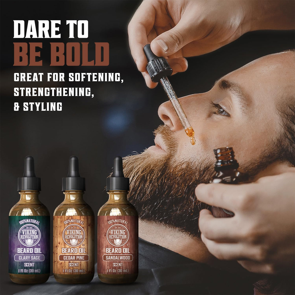 Viking Revolution Beard Oil Variety Set packaging with three oils