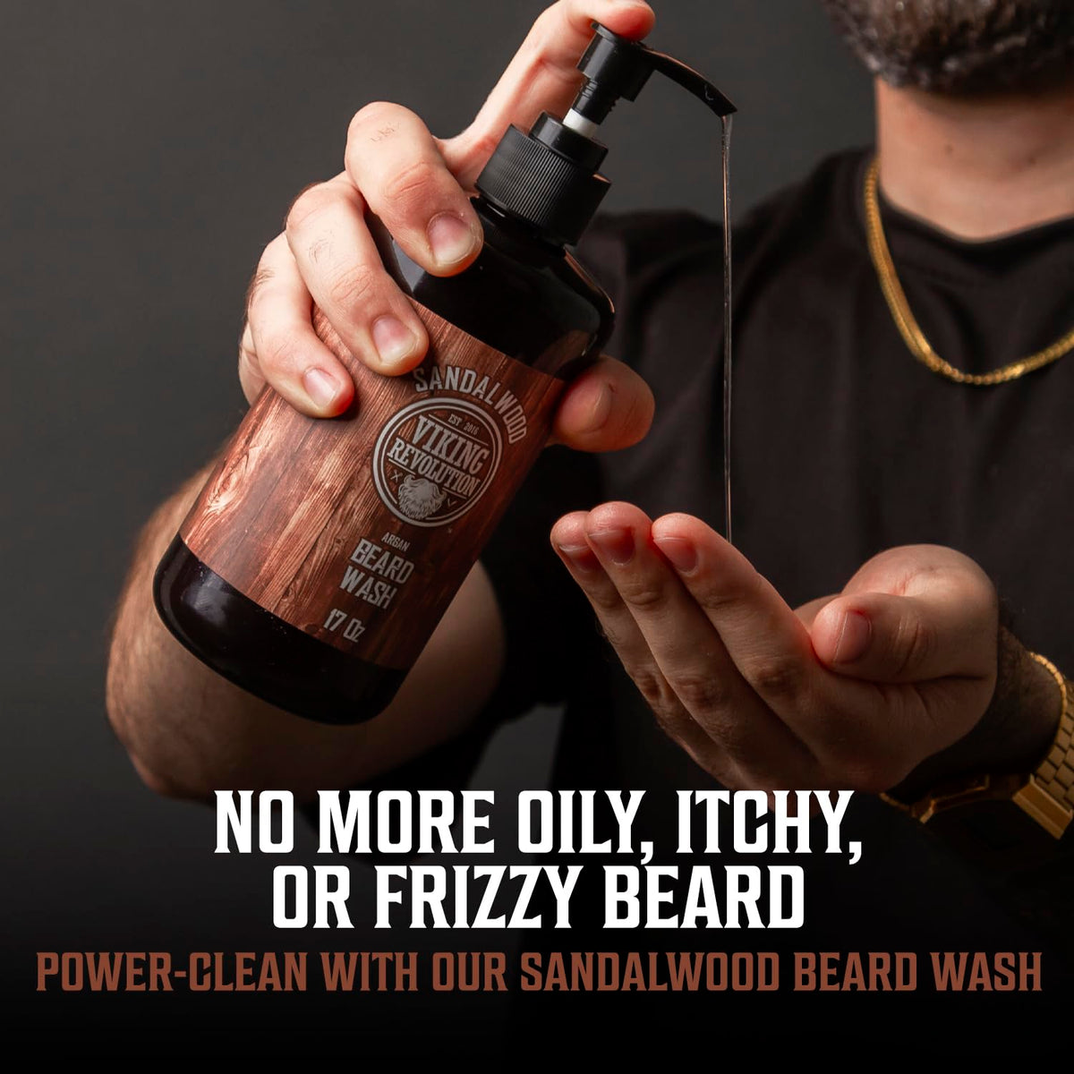 Viking Revolution Beard Wash close-up with sandalwood scent