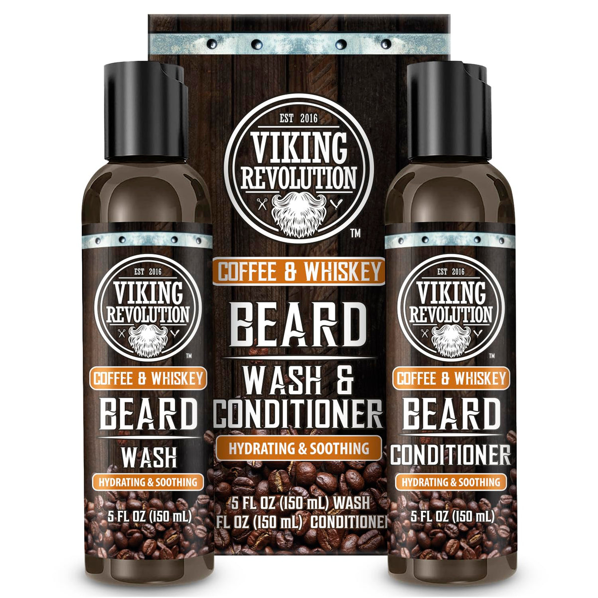 Viking Revolution Beard Wash & Conditioner Set front view with Coffee Whiskey scent