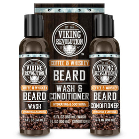 Viking Revolution Beard Wash & Conditioner Set front view with Coffee Whiskey scent