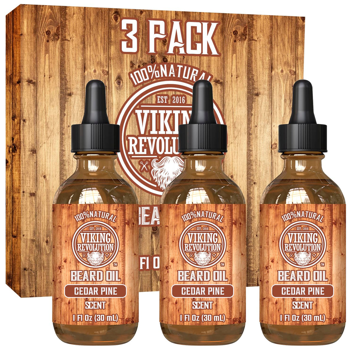 Viking Revolution Men's Beard Oil 3 Pack front view with Cedar and Pine scent