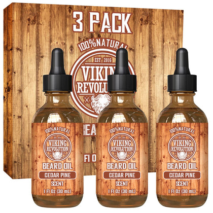 Viking Revolution Men's Beard Oil 3 Pack front view with Cedar and Pine scent