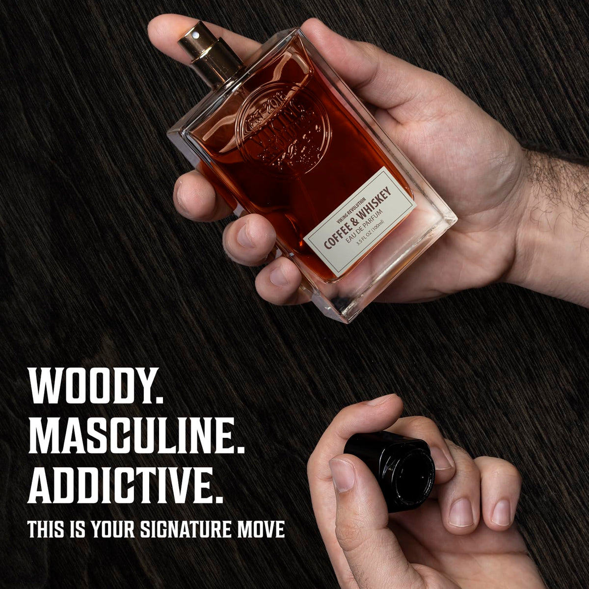 Viking Revolution Men's Cologne Coffee & Whiskey bottle close-up