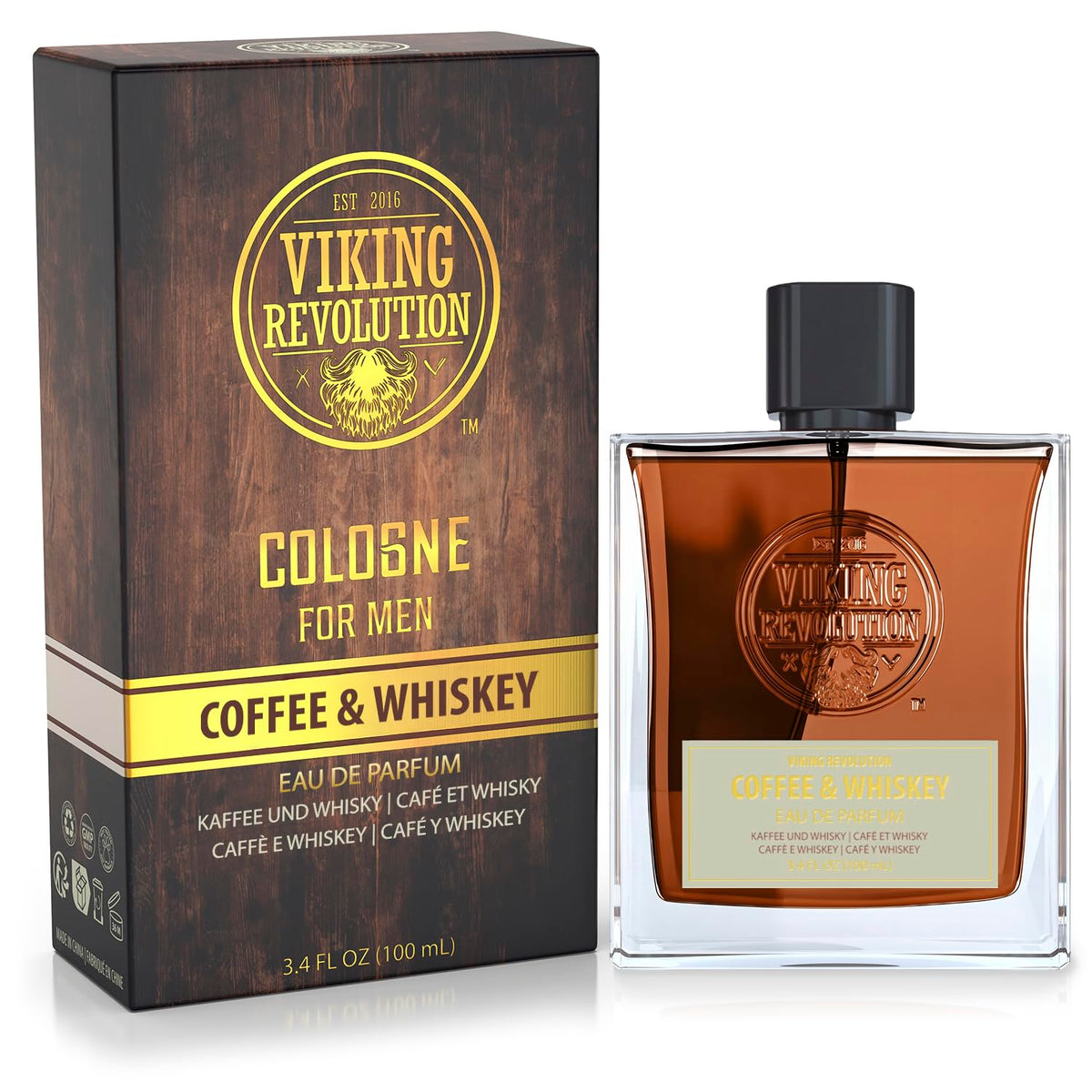 Viking Revolution Men's Cologne Coffee & Whiskey bottle with whiskey glass