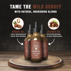 Viking Revolution Sandalwood Beard Oil being applied to a beard