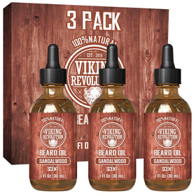 Viking Revolution Sandalwood Beard Oil front view with packaging
