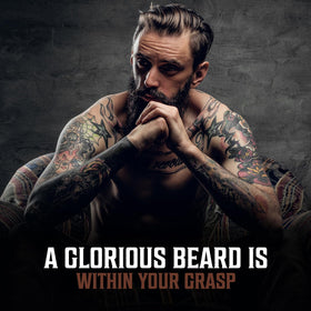 Viking Revolution Sandalwood Beard Oil lifestyle scene with grooming tools