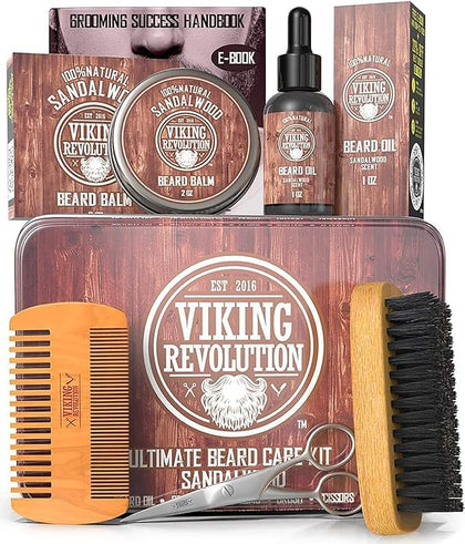 Viking Revolution Ultimate Grooming Kit for Men front view with metal tin
