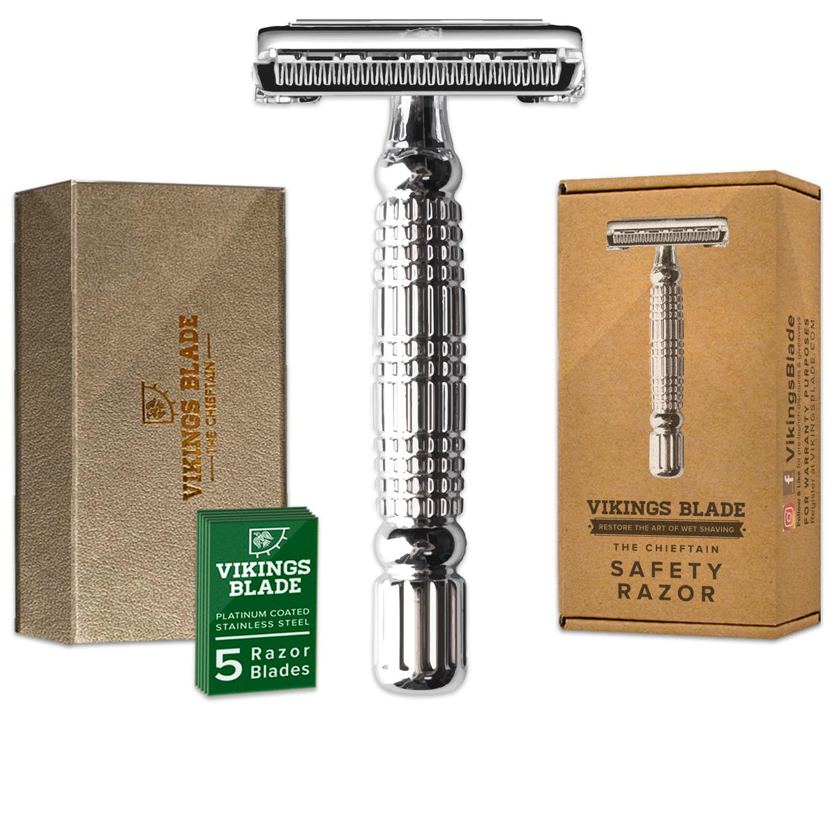Vikings Blade Double Edge Safety Razor front view with Swedish steel blades