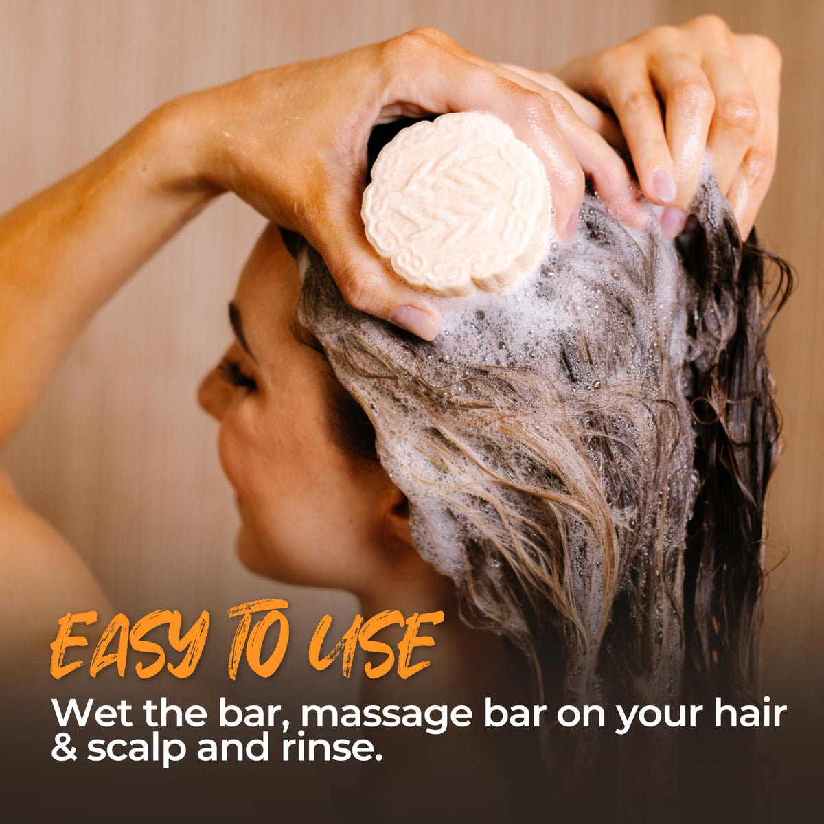 Viori Citrus Zest Shampoo Bar in use during a shower