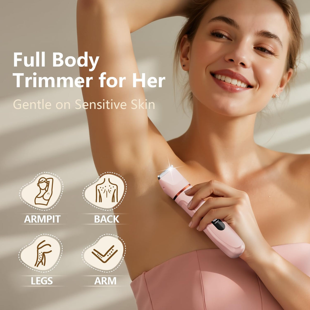 Virelle Bikini Trimmer showing ceramic blades and charging port