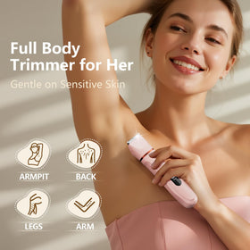 Virelle Bikini Trimmer showing ceramic blades and charging port