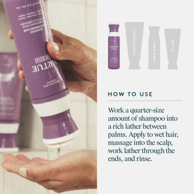 VIRTUE Flourish Hair Growth Shampoo 2 Fl Oz on a wooden surface