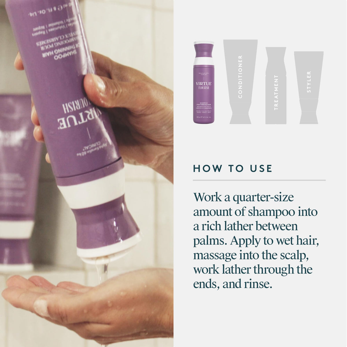 VIRTUE Flourish Shampoo 300g on a vanity table