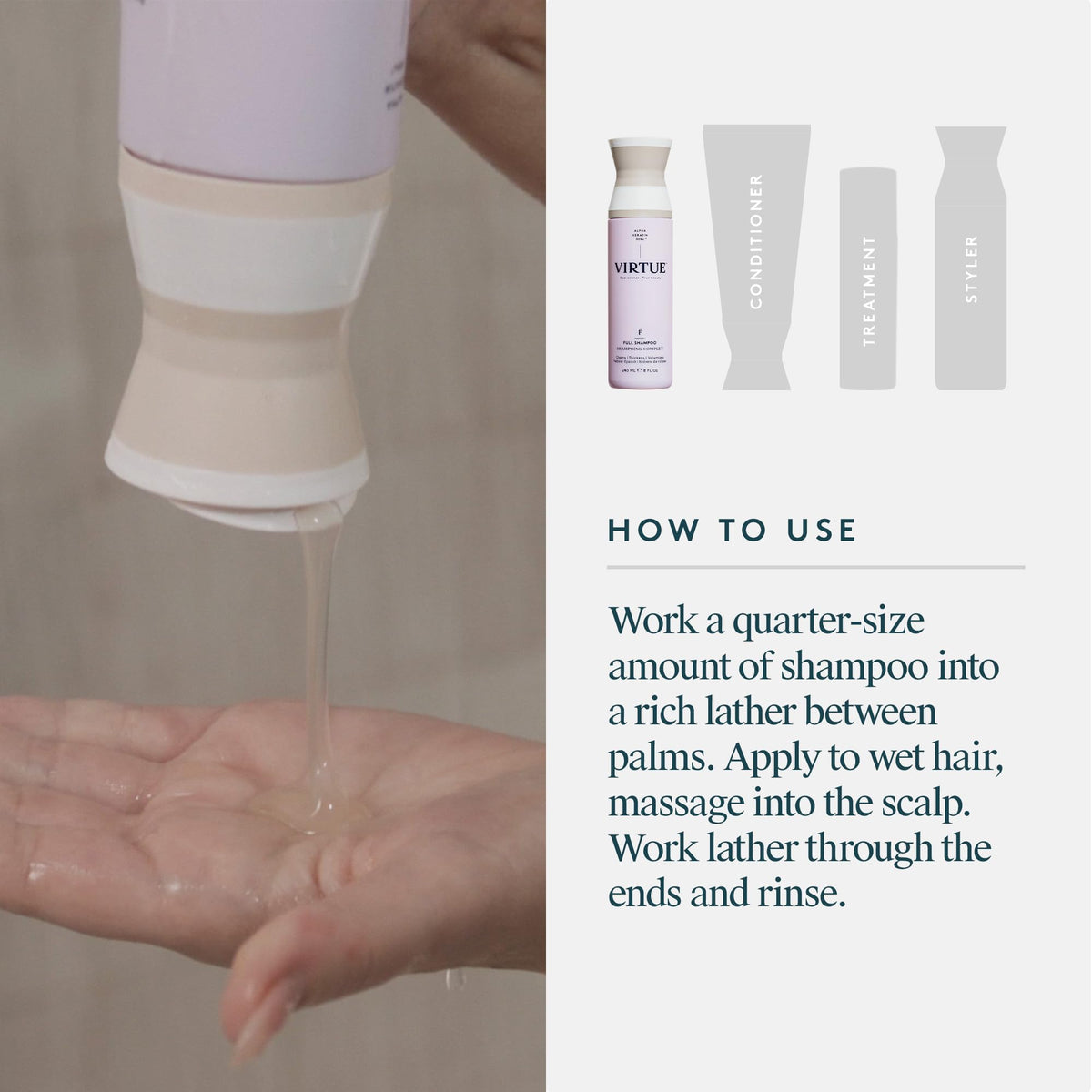 VIRTUE Full Shampoo in a shower setting