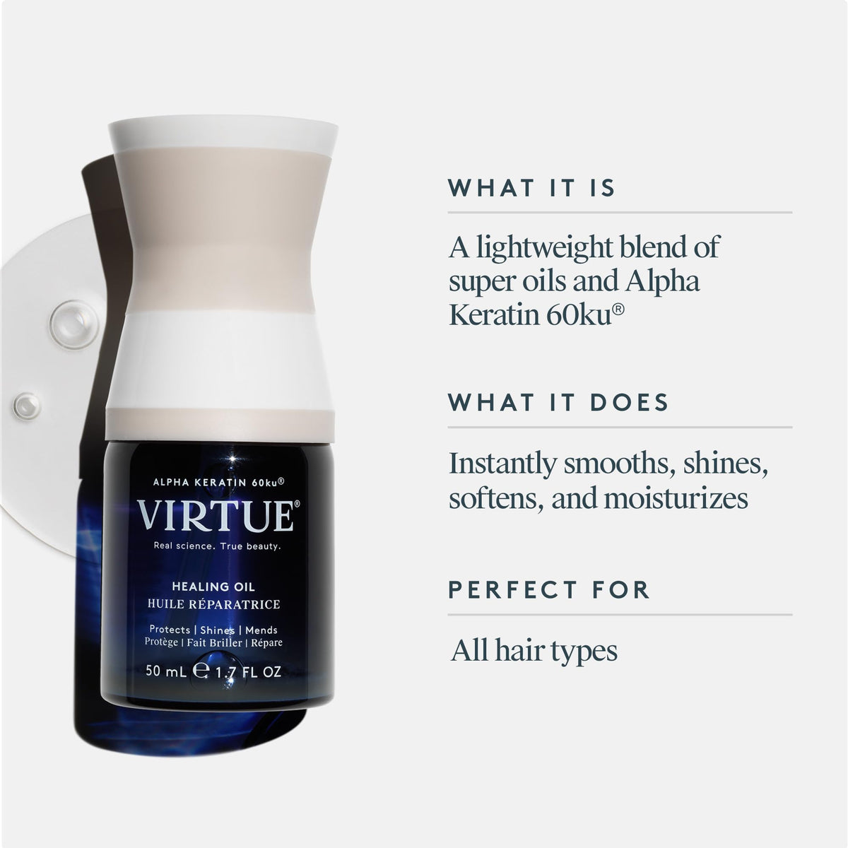VIRTUE Healing Oil 1.7 Fl Oz back view showing ingredients