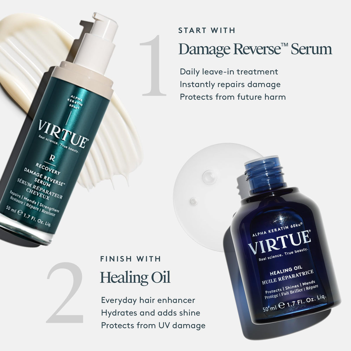 VIRTUE Healing Oil 1.7 Fl Oz on vanity with accessories