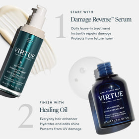 VIRTUE Healing Oil 1.7 Fl Oz on vanity with accessories