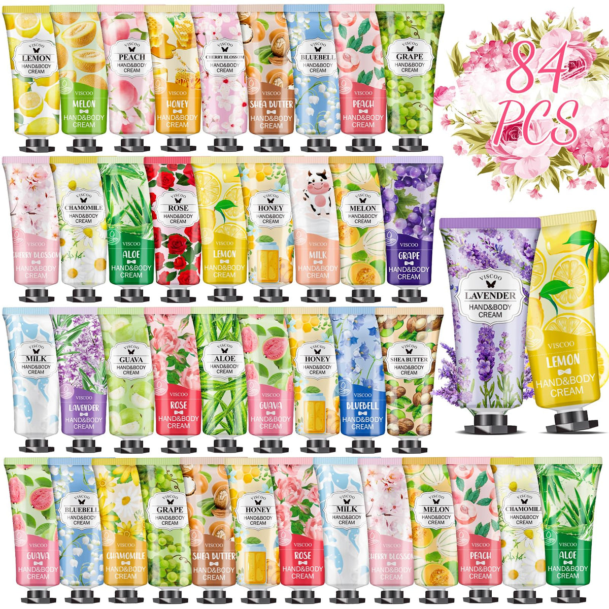 VISCOO 84 Pack Hand Cream Gift Set front view with assorted fragrances