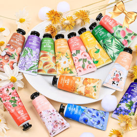 VISCOO hand creams arranged on a table with flowers