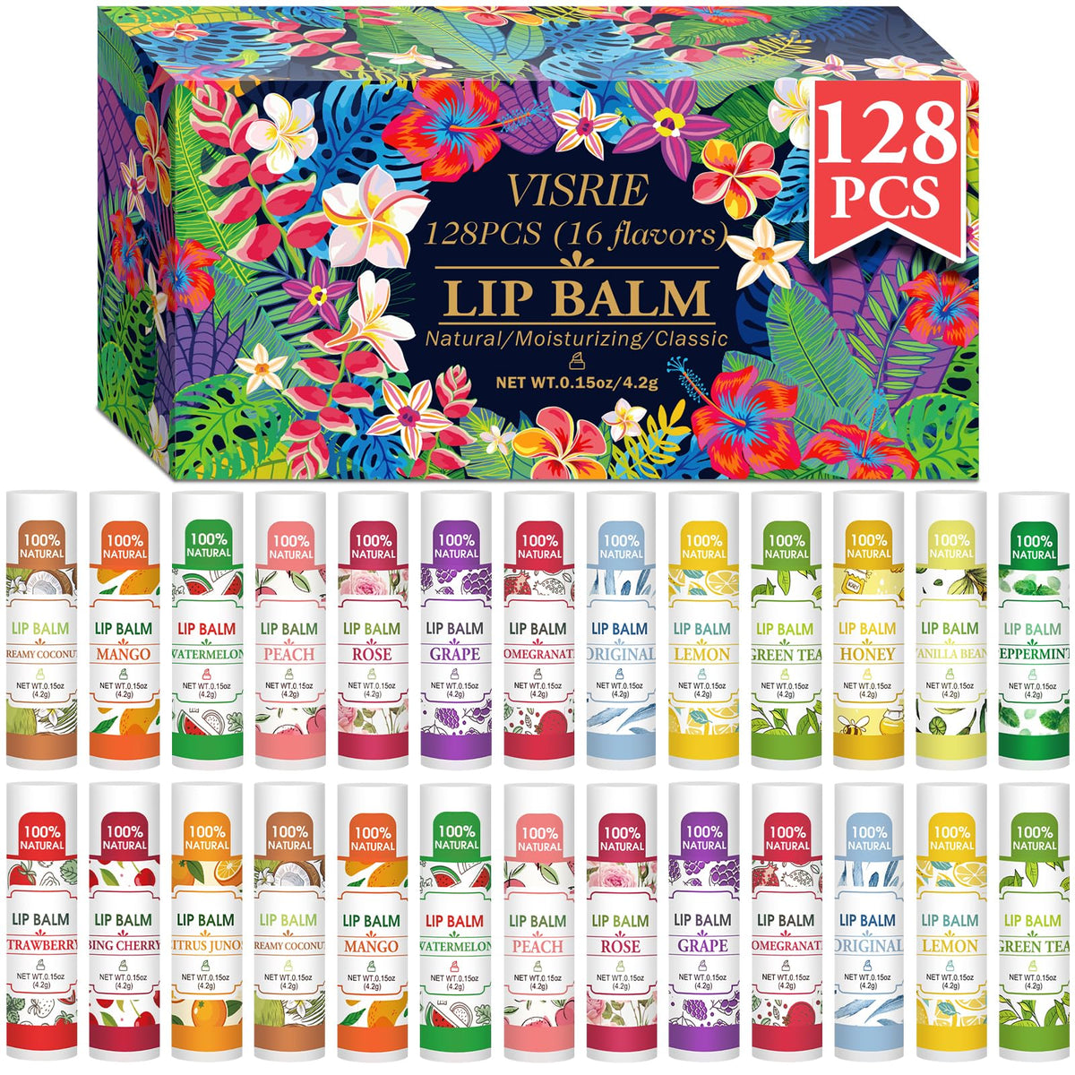 VISRIE 128 Pack Lip Balm variety with 16 flavours front view