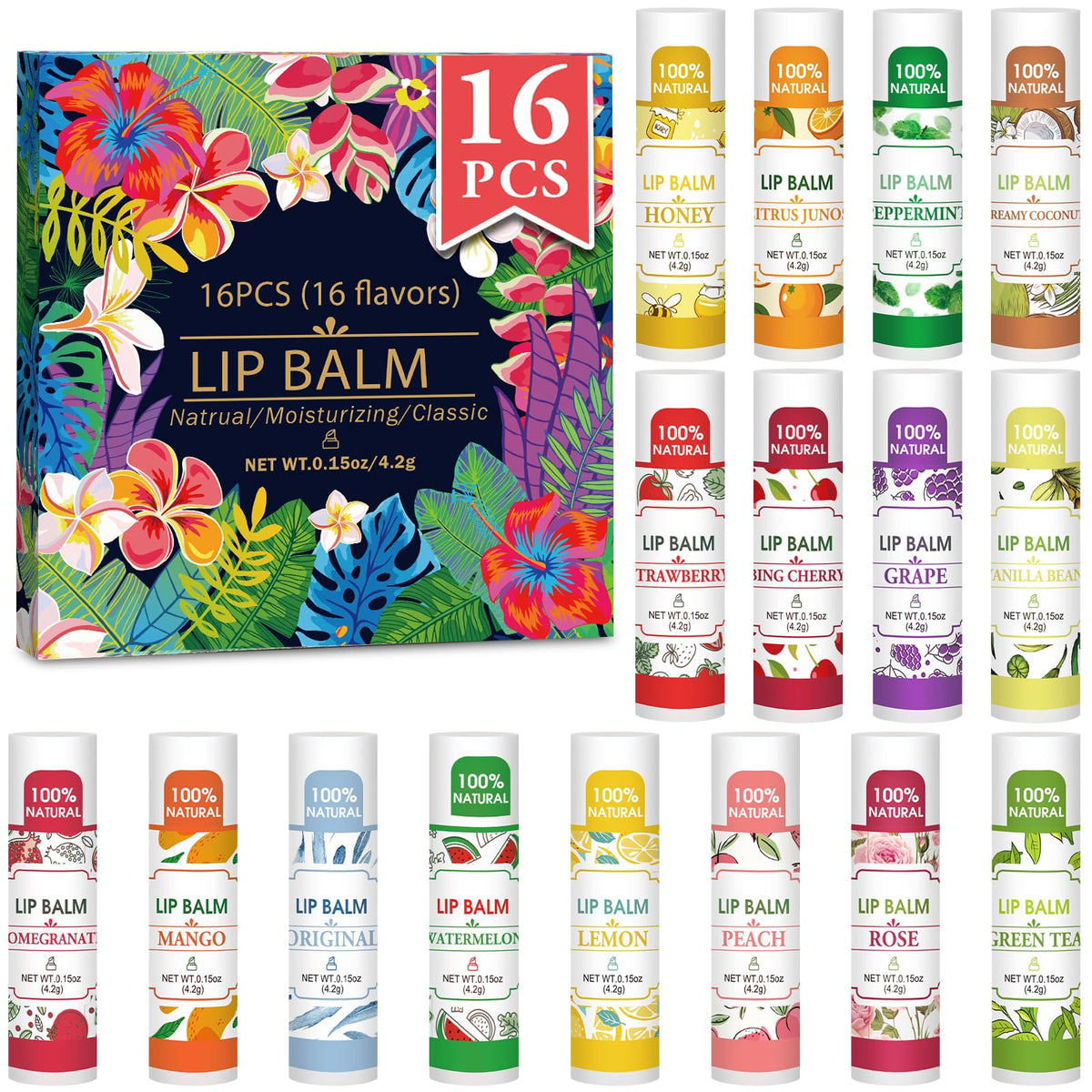 VISRIE 16 Pack Flavoured Lip Balm Set with various flavours