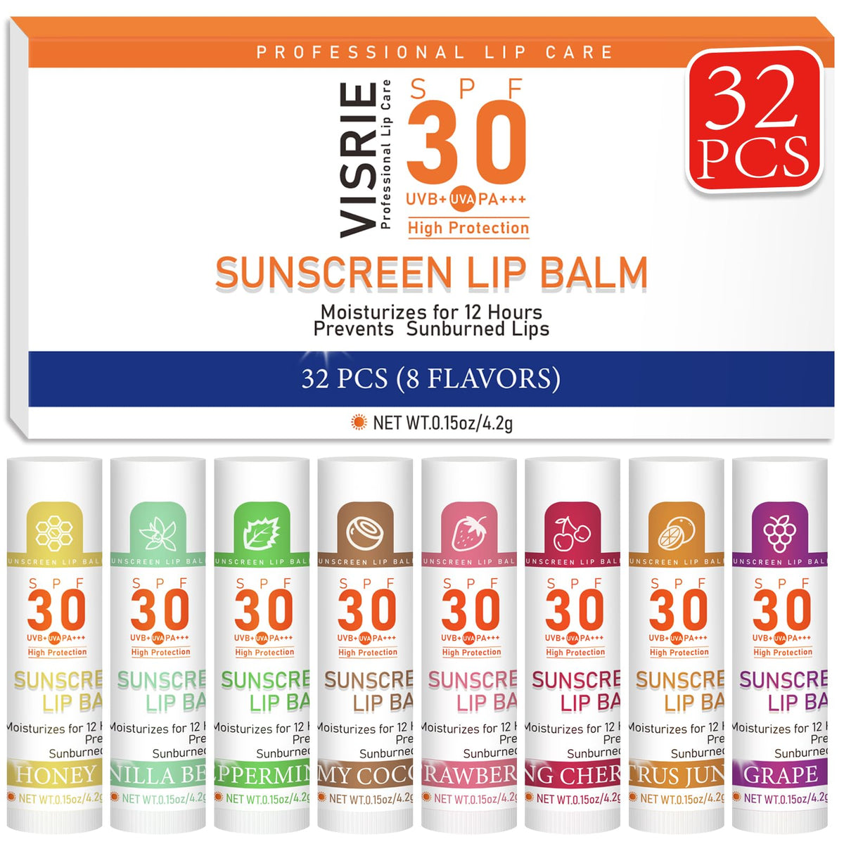 VISRIE SPF 30 Sunscreen Lip Balm 32 Pack with assorted flavours