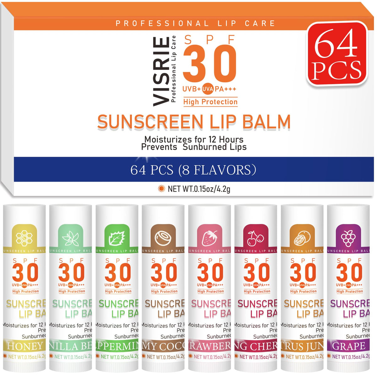 VISRIE SPF 30 Sunscreen Lip Balm 64 Pack assorted flavours
