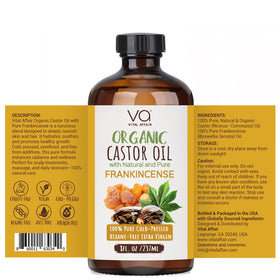 VITAL AFFAIR Organic Castor Oil with Frankincense 8oz glass bottle in a beauty setup