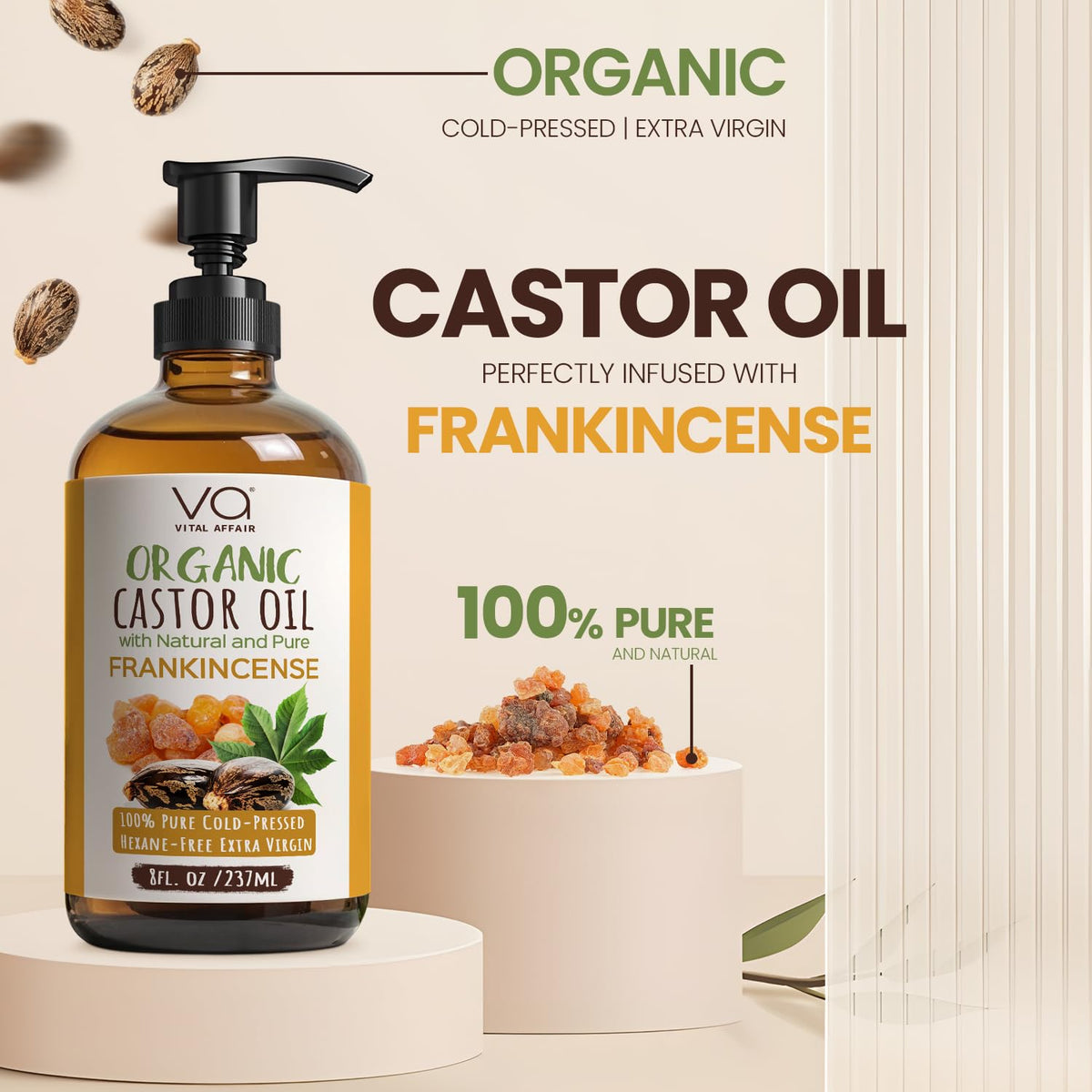 VITAL AFFAIR Organic Castor Oil with Frankincense 8oz glass bottle side view