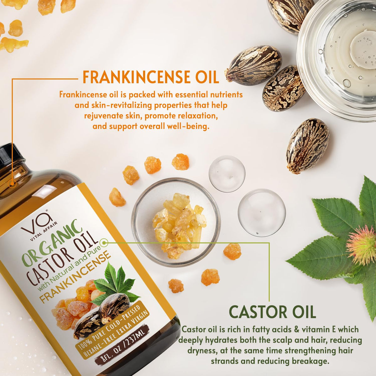 VITAL AFFAIR Organic Castor Oil with Frankincense 8oz glass bottle with dropper