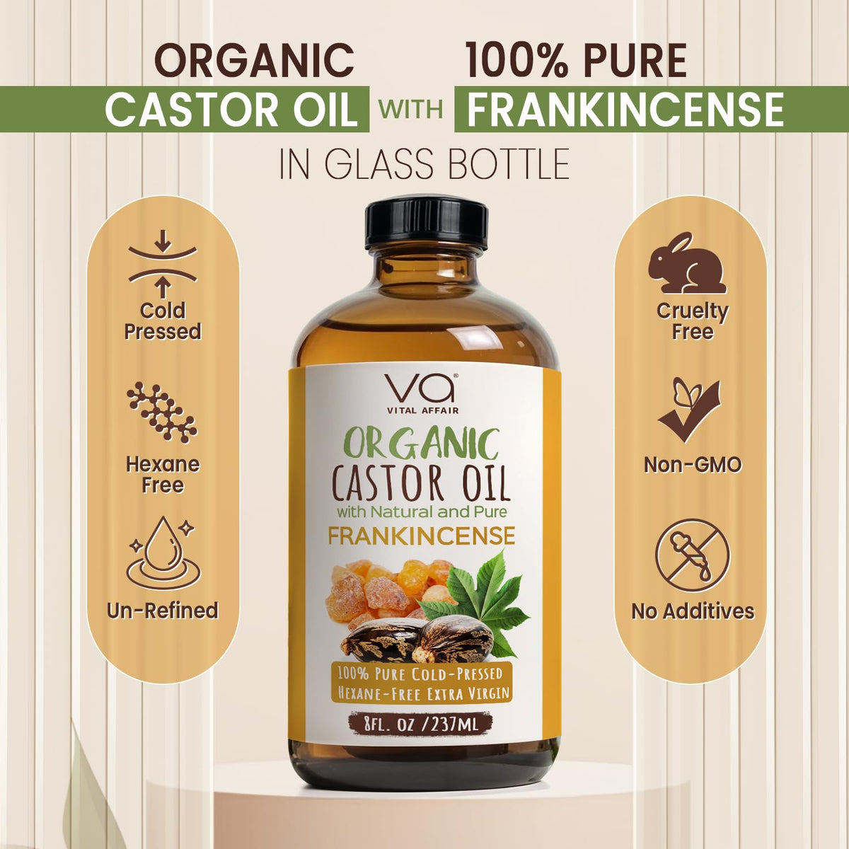 VITAL AFFAIR Organic Castor Oil with Frankincense 8oz glass bottle with massage stones