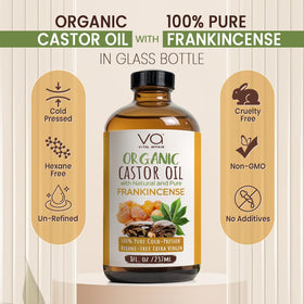 VITAL AFFAIR Organic Castor Oil with Frankincense 8oz glass bottle with massage stones