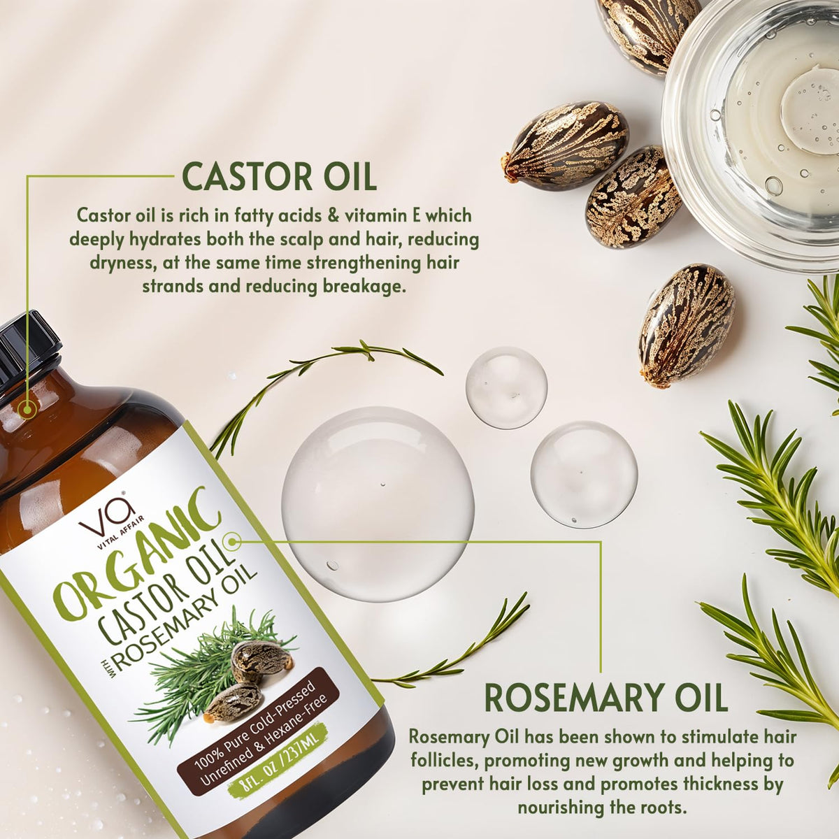 VITAL AFFAIR Organic Castor Oil with Rosemary Oil 8oz bottle on a wooden surface