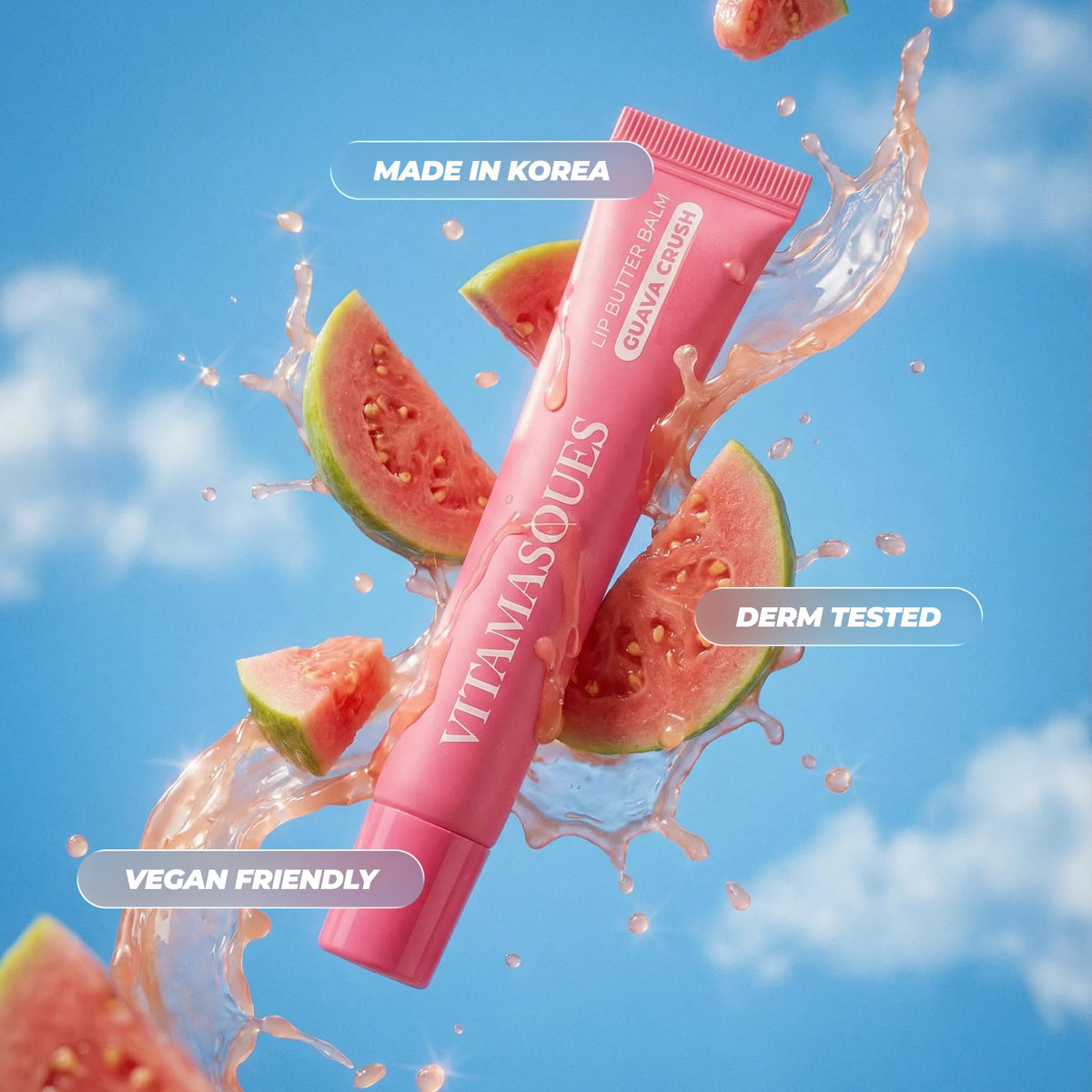 Vitamasques Lip Butter Balm Guava Crush applied on lips
