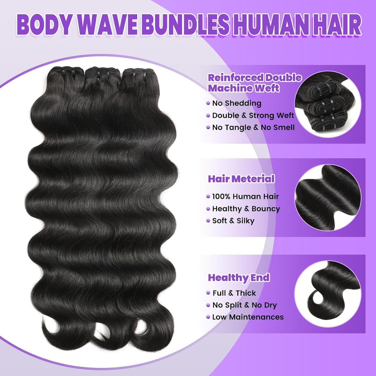 VKOFUN 12A Body Wave Human Hair Bundles 16 Inch side view