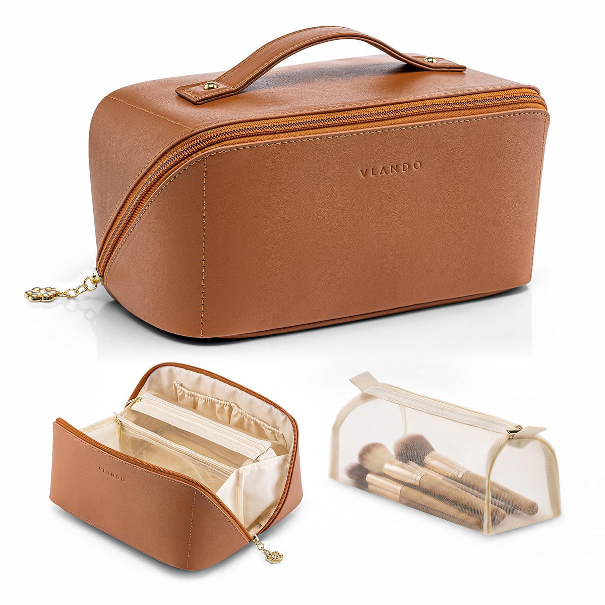 VLANDO Makeup Bag front view in brown with open flat layout