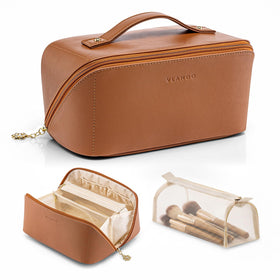 VLANDO Makeup Bag front view in brown with open flat layout