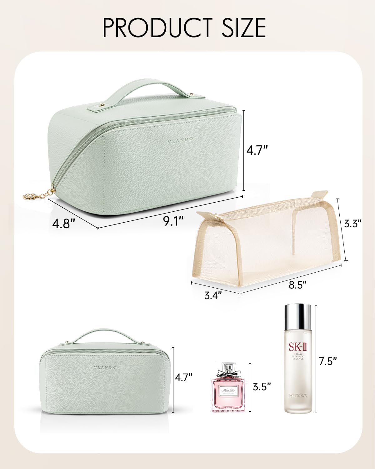 VLANDO Makeup Bag mint green close-up of zipper