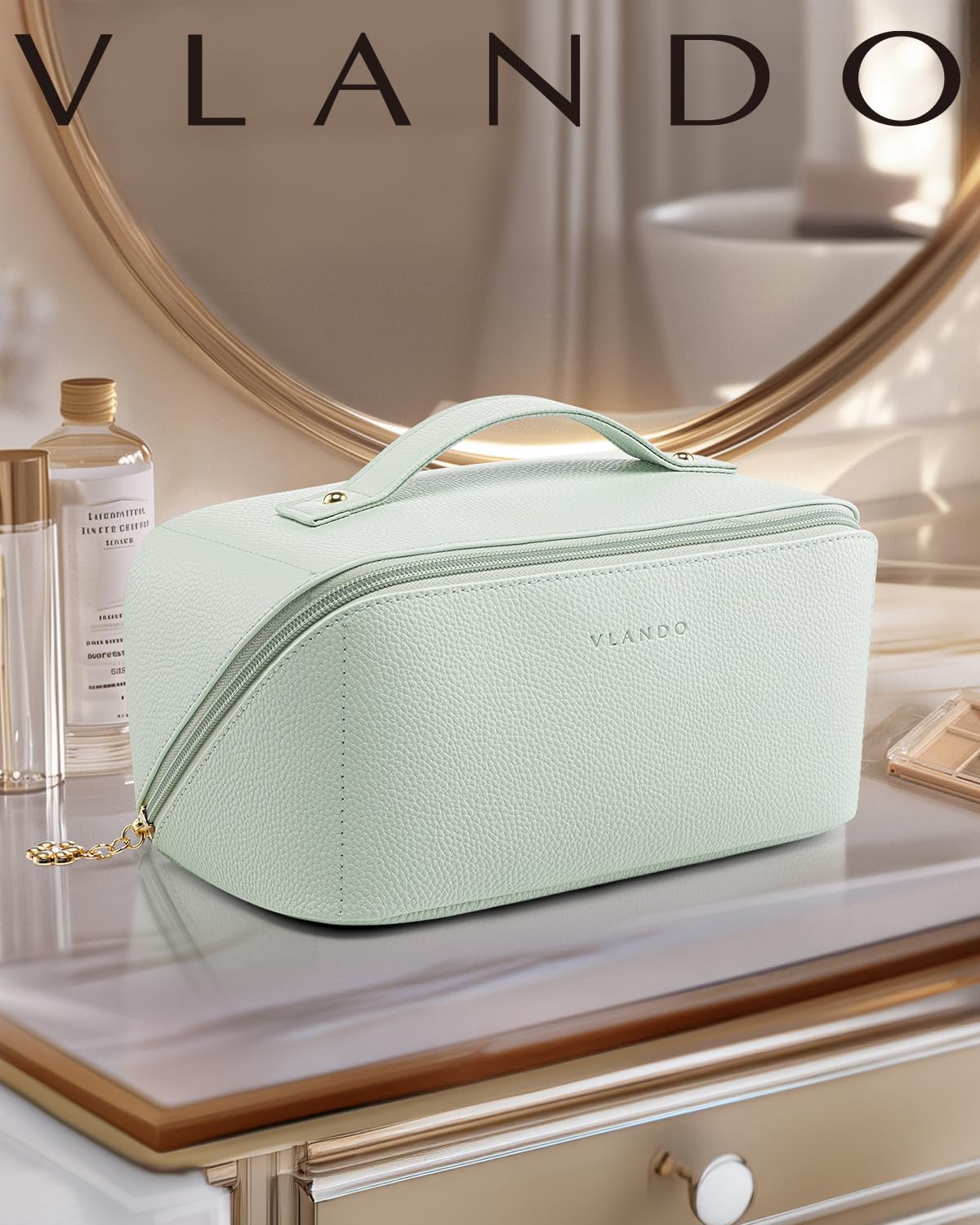 VLANDO Makeup Bag mint green in travel setting