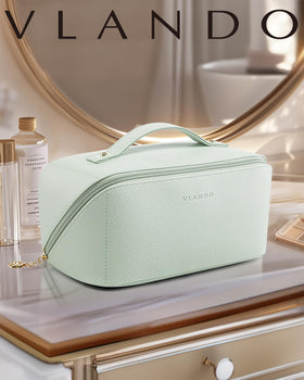 VLANDO Makeup Bag mint green in travel setting