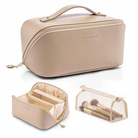 VLANDO Travel Makeup Bag Toffee front view with 180° opening