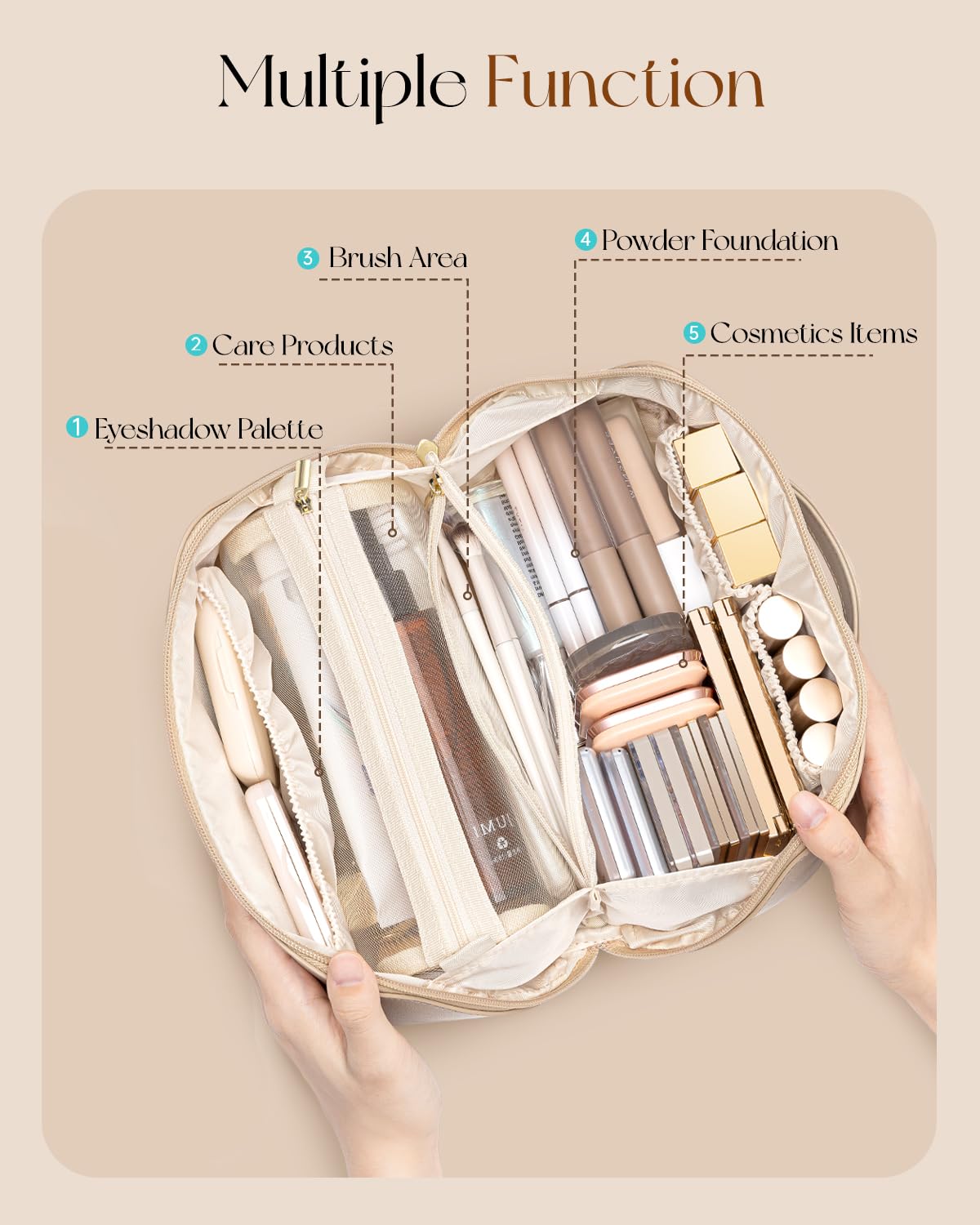VLANDO Travel Makeup Bag Toffee open view displaying organised makeup