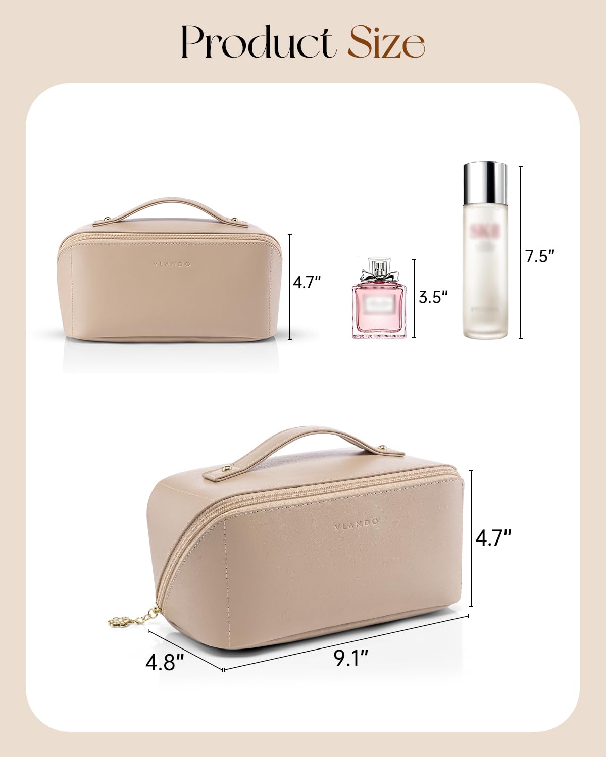 VLANDO Travel Makeup Bag Toffee portable handle close-up