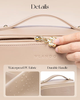 VLANDO Travel Makeup Bag Toffee with brushes and cosmetics inside